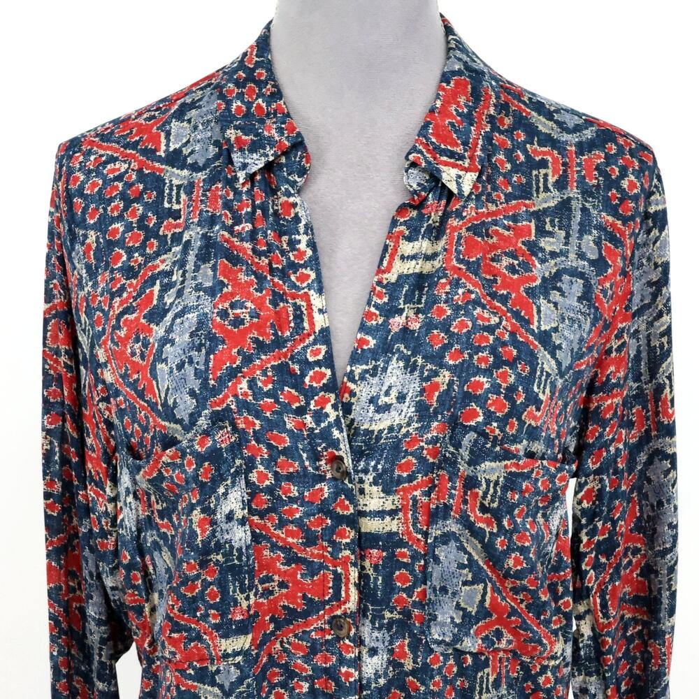 Pilcro Top Womens Medium Red Blue Ikat Lightweight Cotton Blouse Anthropologie - Picture 15 of 16